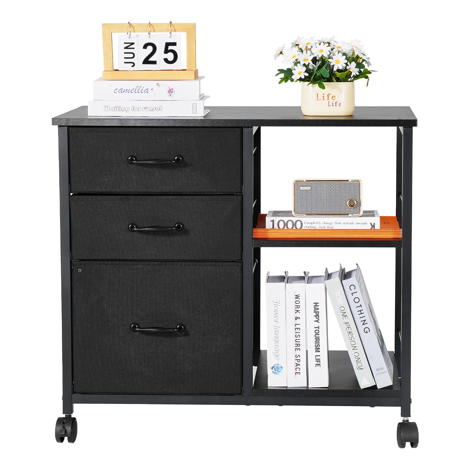 Mobile Metal File Cabinet With 3 Fabric Drawers And 2 Open Shelves Black_maomaolike.com